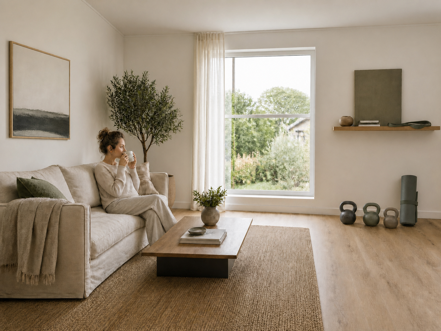 A calm Scandinavian living room with a compact home strength-training setup beside a linen sofa